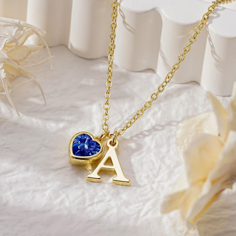 14K Gold Plated Initial A-Z Heart Birthstone Letter Necklace