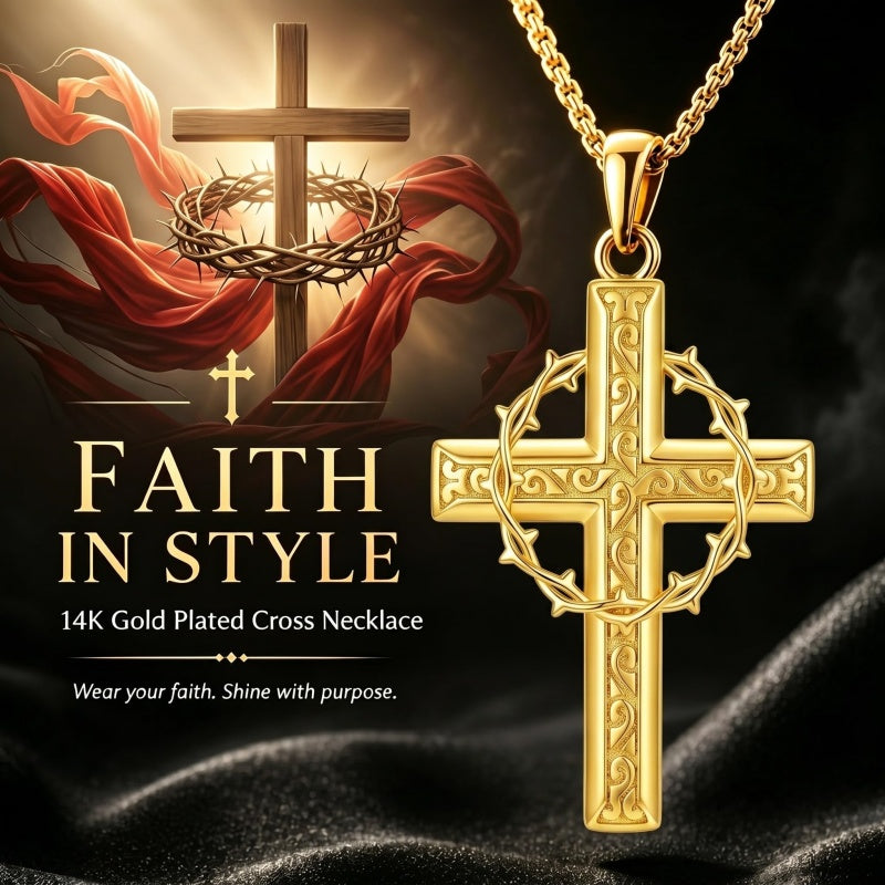 14K Gold Plated Cross Pendant Necklace Religious Confirmation Jewelry