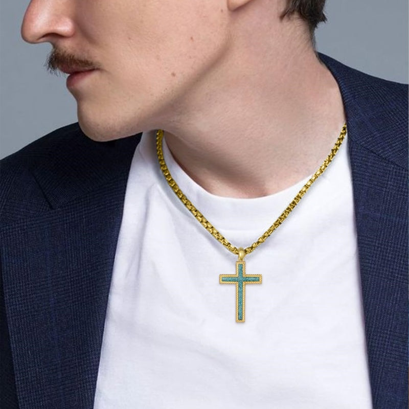 14K Gold Plated Turquoise Malachite Abalone Shell Cross Pendant Necklace for Men