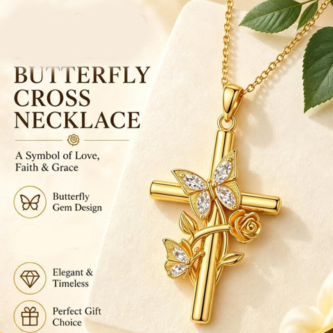Birthston Butterfly Rose 14K Plated Gold Cross Pendant Necklace for Women