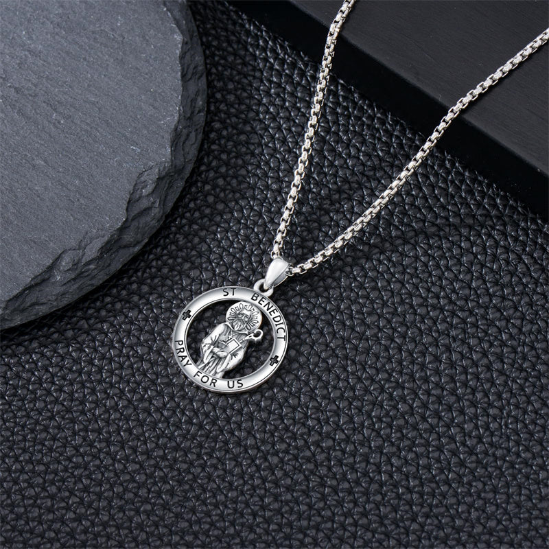 Sterling Silver Crown of Thorns Jesus St Benedict St Michael Pendant Necklace