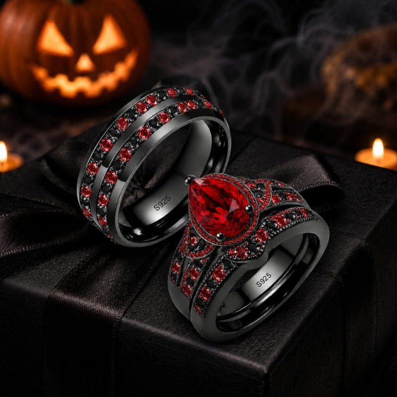 Sterling Silver 10K 14K 18K Gold Personalized Engraved  Halloween Dark Red Gemstone Couple Ring Set