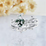 Sterling Silver Kite Cut Natural Moss Agate Engagement Ring Set Promise Wedding Ring