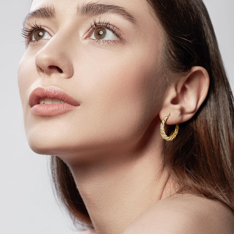 14K Gold Plated Cubic Zirconia Spiral Twisted Chunky Hoops Earring for Women