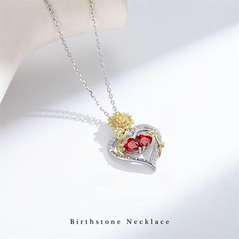 Sterling Silver Double Heart Birthstone Sunflower Necklace Engraved with You Are My Sunshine