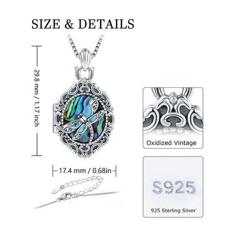 Sterling Silver Turquoise Abalone Shell Dragonfly Photo Locket Necklace