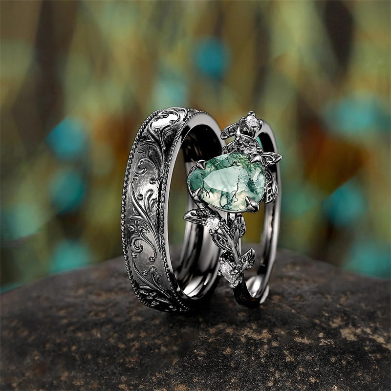 Sterling Silver 10K 14K 18K Gold Natural Leaf  Moss Agate Engagement Anniversary Couple Ring Sets