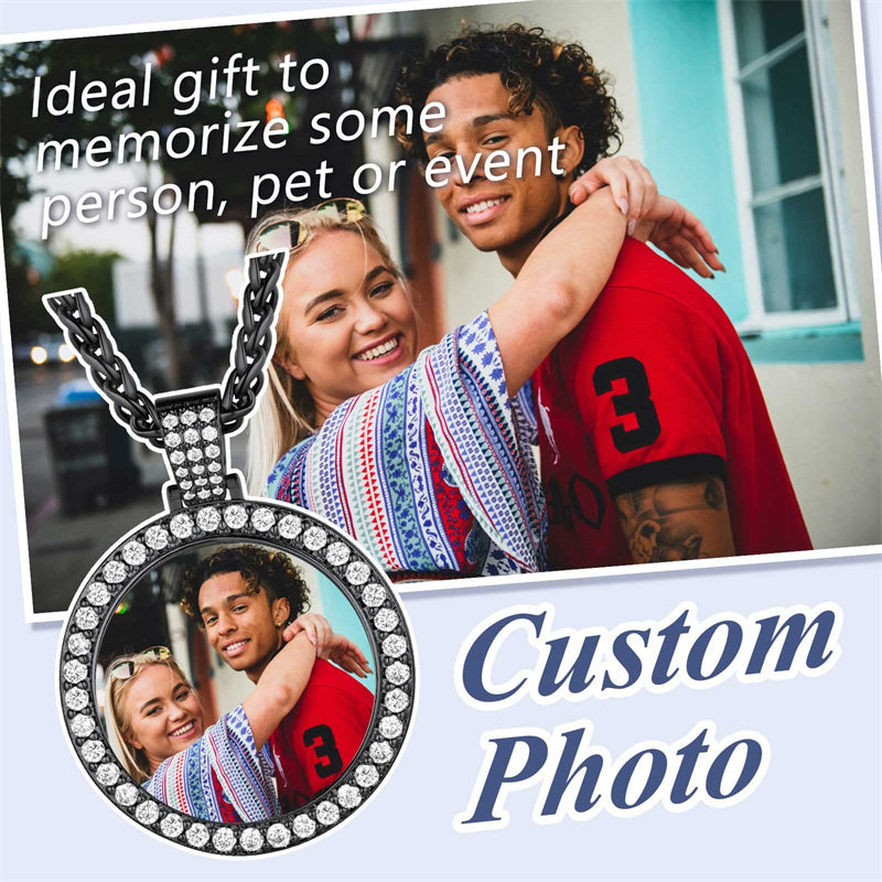 Copper  Cubic Zirconia Round Personalized Photo Engraved Pendant Necklace