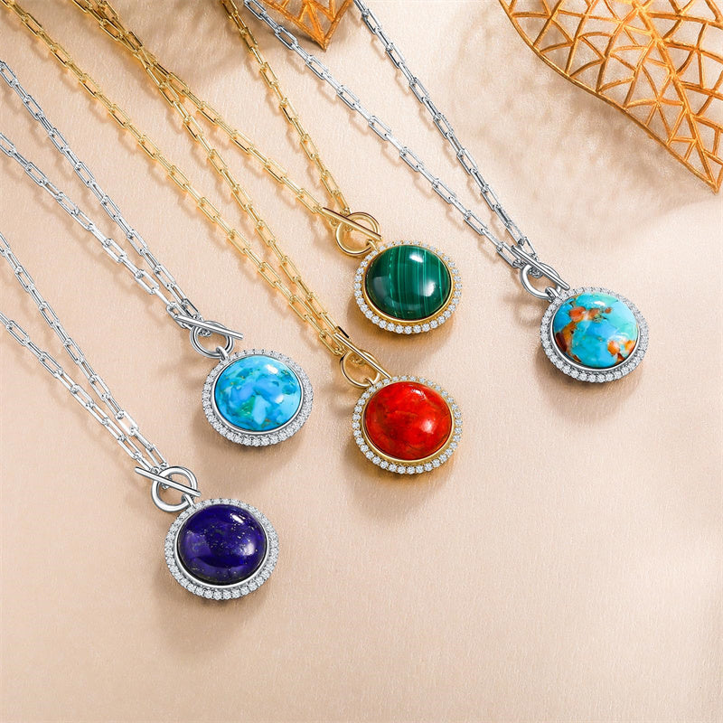 Sterling SilverTurquoise Red Coral Lapis Lazuli Malachite Paperclip Chain Necklace