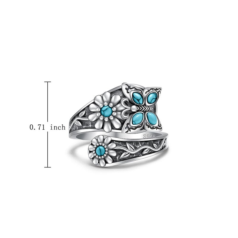 Sterling Silver Turquoise Hummingbird Butterfly Sunflower Adjustable Spoon Ring