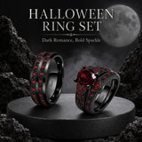Sterling Silver 10K 14K 18K Gold Personalized Engraved  Halloween Dark Red Gemstone Couple Ring Set