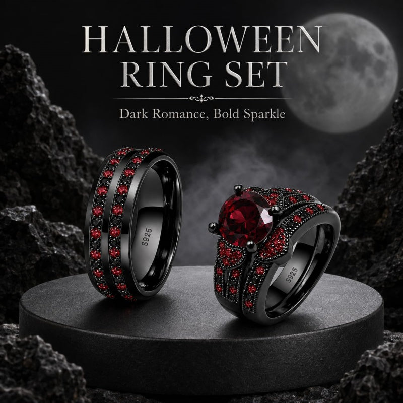 Sterling Silver 10K 14K 18K Gold Personalized Engraved  Halloween Dark Red Gemstone Couple Ring Set