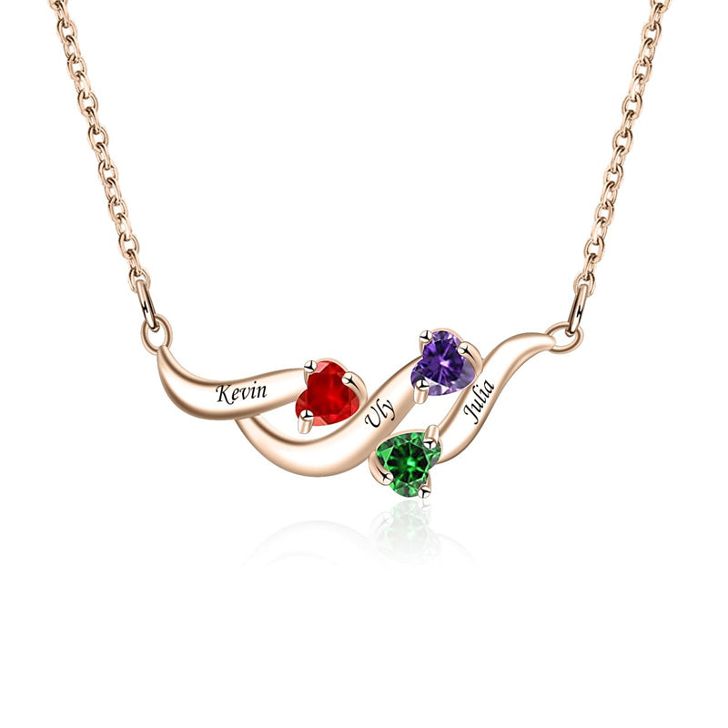 Sterling Silver Personalized Birthstone Name Wave Pendant Family Necklace