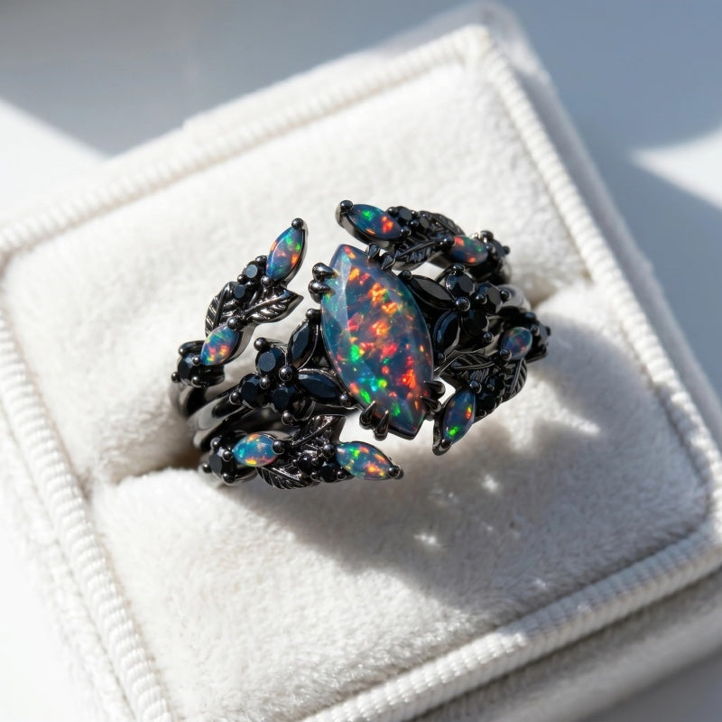 Sterling Silver 10K  14K  18K  Gold Personalized Engraved Black Opal Engagement Wedding Promise Ring for Her