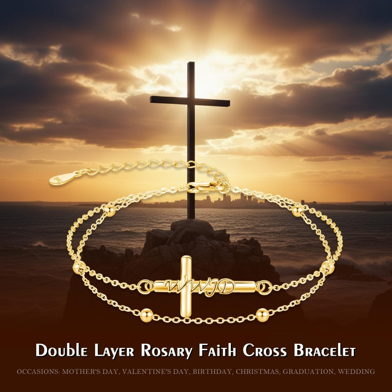 14K Gold Plated  Faith Cross Religious  Double Layered Anklet