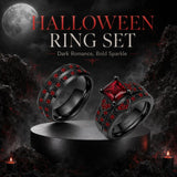 Sterling Silver 10K 14K 18K Gold Personalized Engraved  Halloween Dark Red Gemstone Couple Ring Set