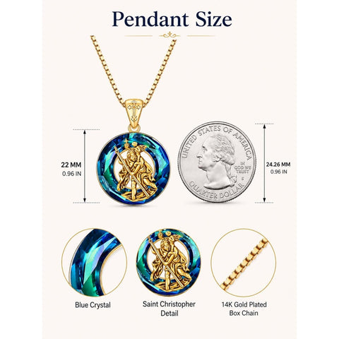 14K Gold Plated Blue Crystal Saint Protection Pendant Necklace Amulet Baptism Gift