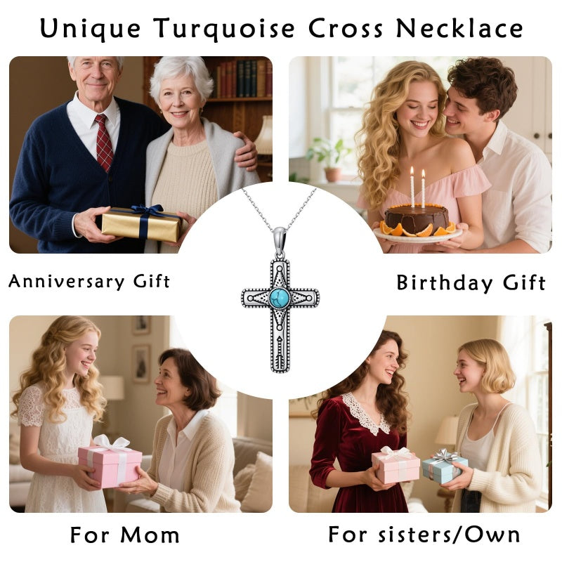 14K Gold Plated Turquoise Cross Pendant Necklace Western Jewelry for Women