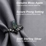Sterling Silver 10K 14K  18K Gold Personalized Engraved Moss Agate Gothic Promise Wedding Engagement Black Ring Set