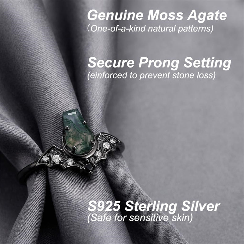 Sterling Silver 10K 14K  18K Gold Personalized Engraved Moss Agate Gothic Promise Wedding Engagement Black Ring Set