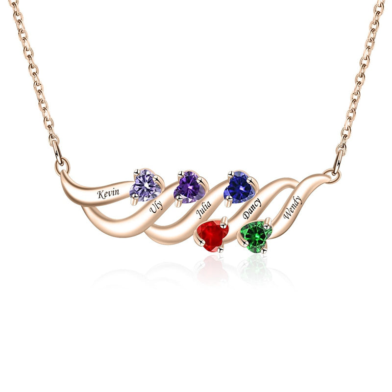 Sterling Silver Personalized Birthstone Name Wave Pendant Family Necklace