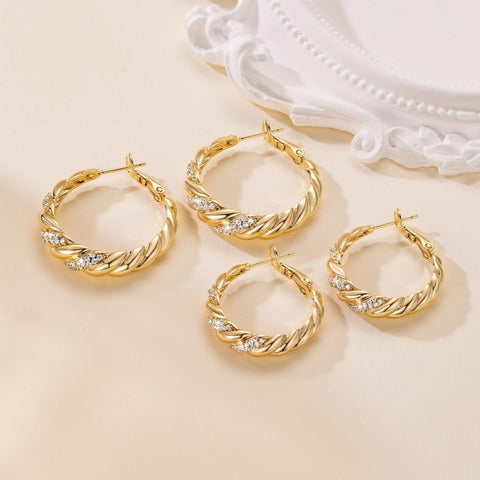 14K Gold Plated Cubic Zirconia Spiral Twisted Chunky Hoops Earring for Women