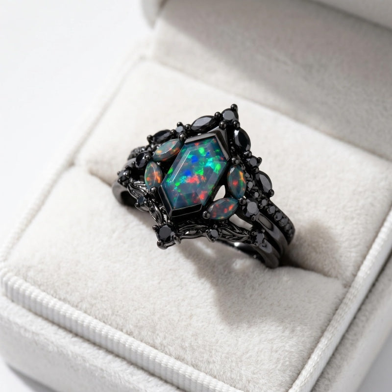 Sterling Silver 10K  14K  18K  Gold Personalized Engraved Black Opal Engagement Wedding Promise Ring for Her