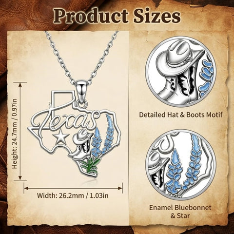 Sterling Silver  Bluebonnets Cow Skull Cowboy Hat Boot Cactus Cowgirl Texas Necklace Texas Necklace
