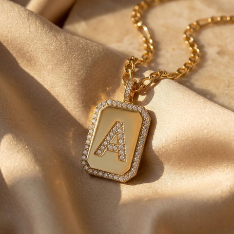 14K Gold Plated  Cubic Zirconia Initial Necklace Square Monogram Jewelry