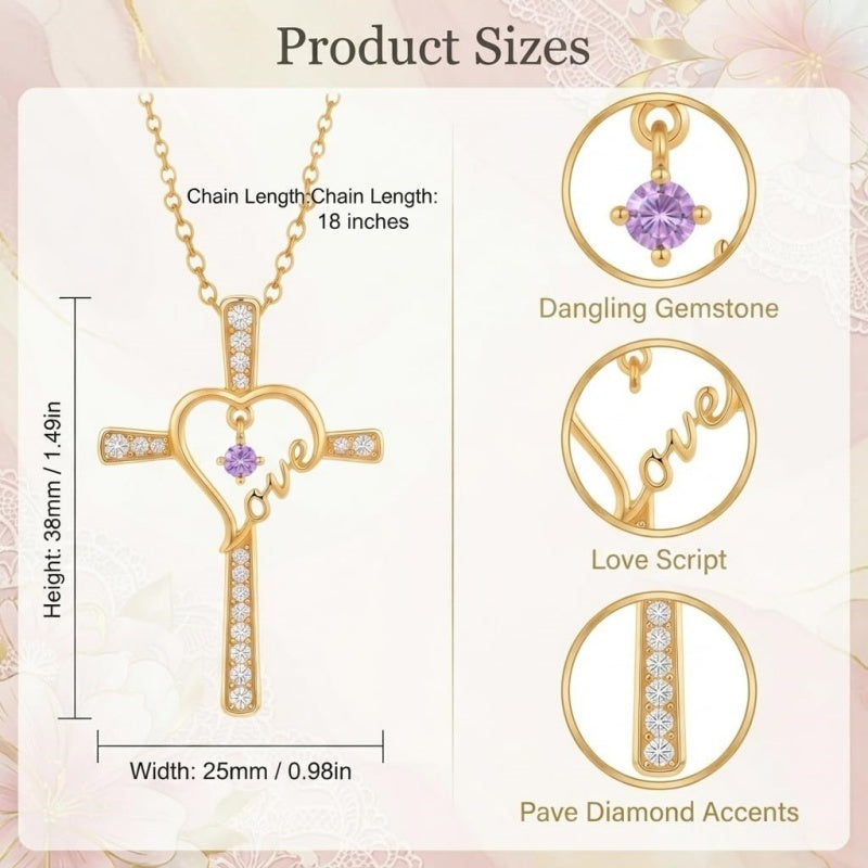 14K Gold Plated  Birthstone  LOVE Heart Cross Necklace for Women Faith Jewelry