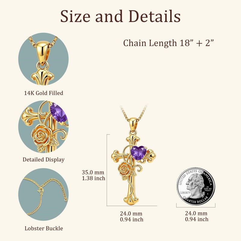 14K Gold Plated Heart Shape Birthstone Rose Flower Cross Necklace for Women  Religious Christian Jewelry