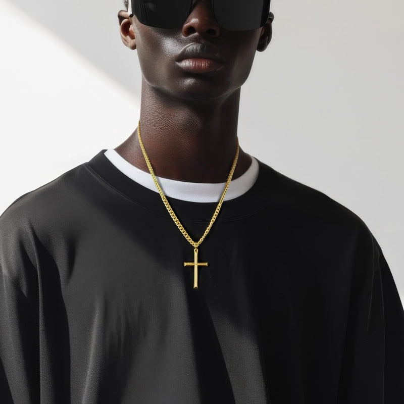 14K Gold Plated Cross Necklace with Cuban Chain for Men