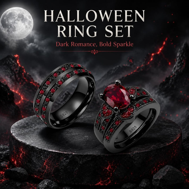 Sterling Silver 10K 14K 18K Gold Personalized Engraved  Halloween Dark Red Gemstone Couple Ring Set