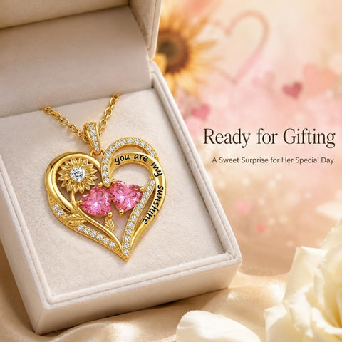 Double Birthstone Necklace 14K Gold Plated You Are My Sunshine Sunflower Necklace Heart Pendant Necklace