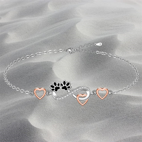 Sterling Silver Infinity Paw Print Single Layer Anklet