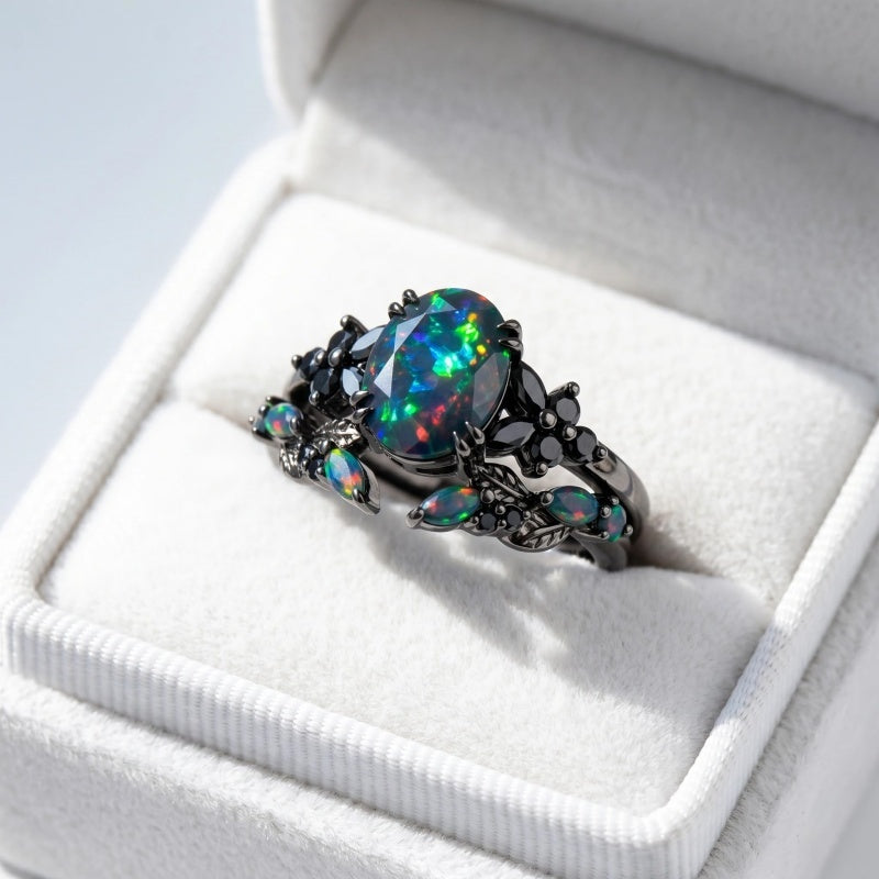 Sterling Silver 10K  14K  18K  Gold Personalized Engraved Black Opal Engagement Wedding Promise Ring for Her