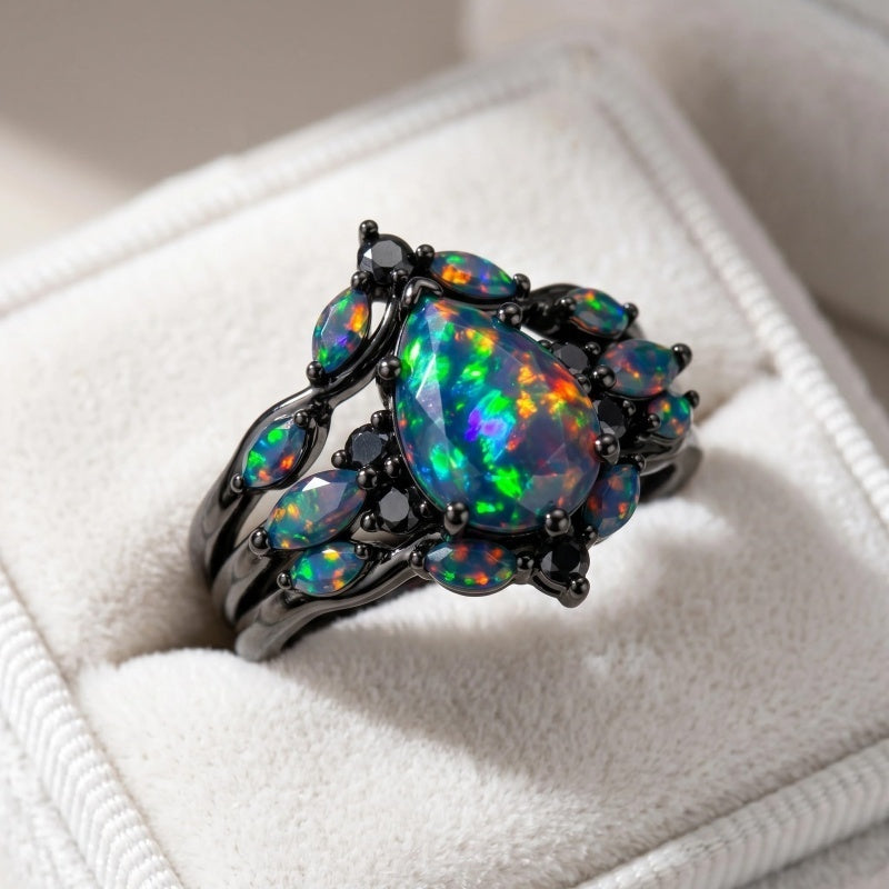 Sterling Silver 10K  14K  18K  Gold Personalized Engraved Black Opal Engagement Wedding Promise Ring for Her