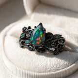 Sterling Silver 10K  14K  18K  Gold Personalized Engraved Black Opal Engagement Wedding Promise Ring for Her