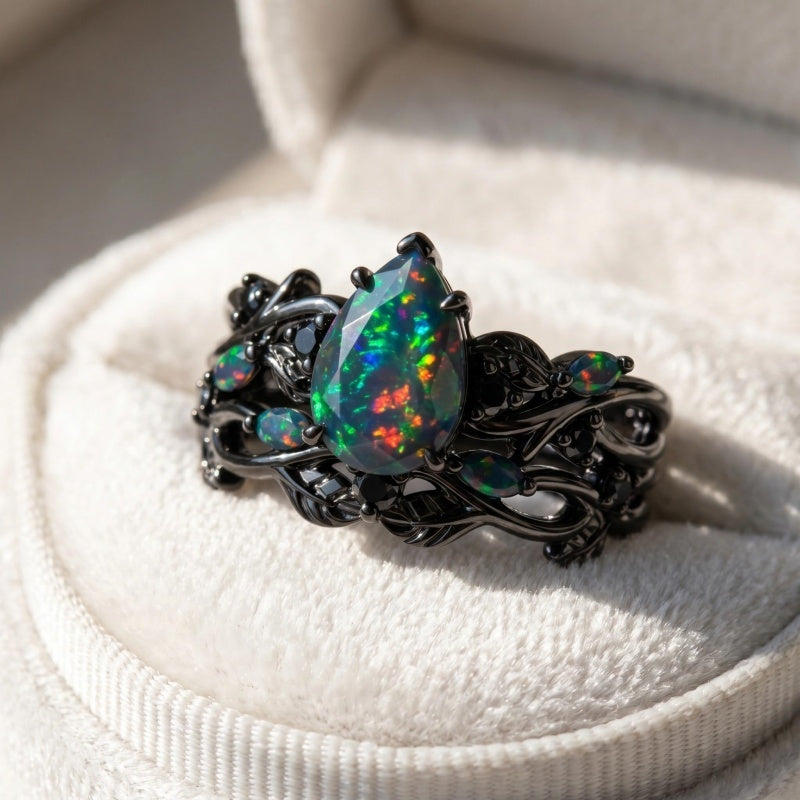 Sterling Silver 10K  14K  18K  Gold Personalized Engraved Black Opal Engagement Wedding Promise Ring for Her