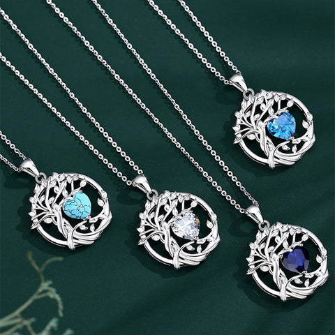 Sterling Silver Heart Birthstone Tree of Life Pendant Necklace