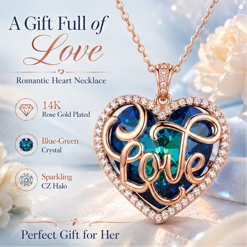 14K Gold Plated LOVE Heart Crystal Blue Pendant Necklace for Women
