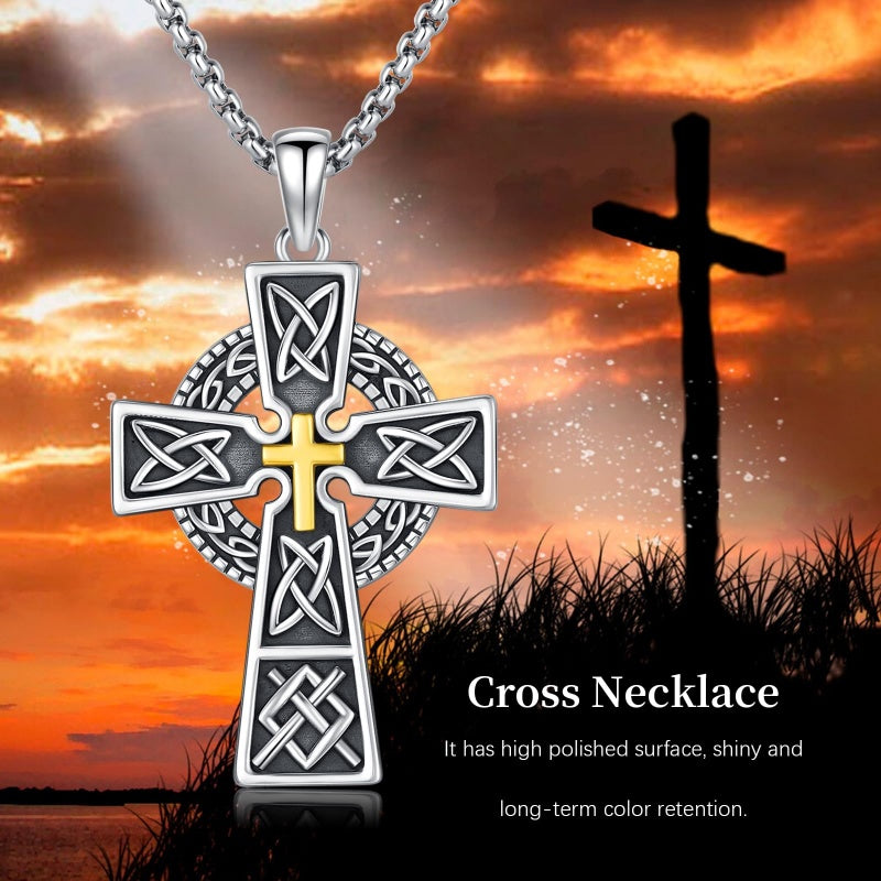 14K Gold Plated Celtic Vikin Cross Pendant Necklace Irish Jewelry Religious Protective Gift