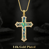 14K Gold Plated Turquoise  Abalone Shell Malachite Wood Filigree Cross Pendant Necklace