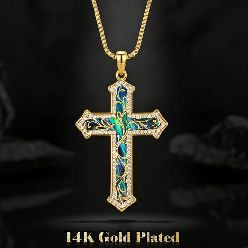14K Gold Plated Turquoise  Abalone Shell Malachite Wood Filigree Cross Pendant Necklace