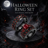 Sterling Silver 10K 14K 18K Gold Personalized Engraved  Halloween Dark Red Gemstone Couple Ring Set