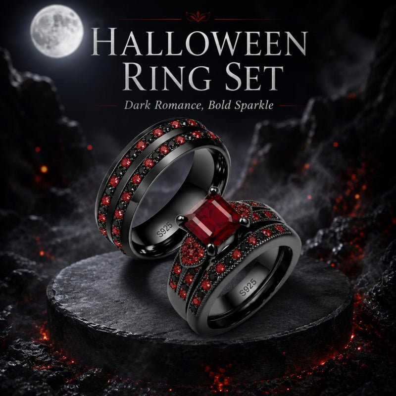 Sterling Silver 10K 14K 18K Gold Personalized Engraved  Halloween Dark Red Gemstone Couple Ring Set