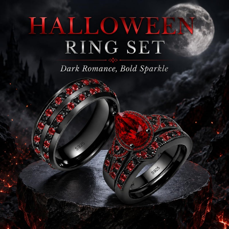 Sterling Silver 10K 14K 18K Gold Personalized Engraved  Halloween Dark Red Gemstone Couple Ring Set