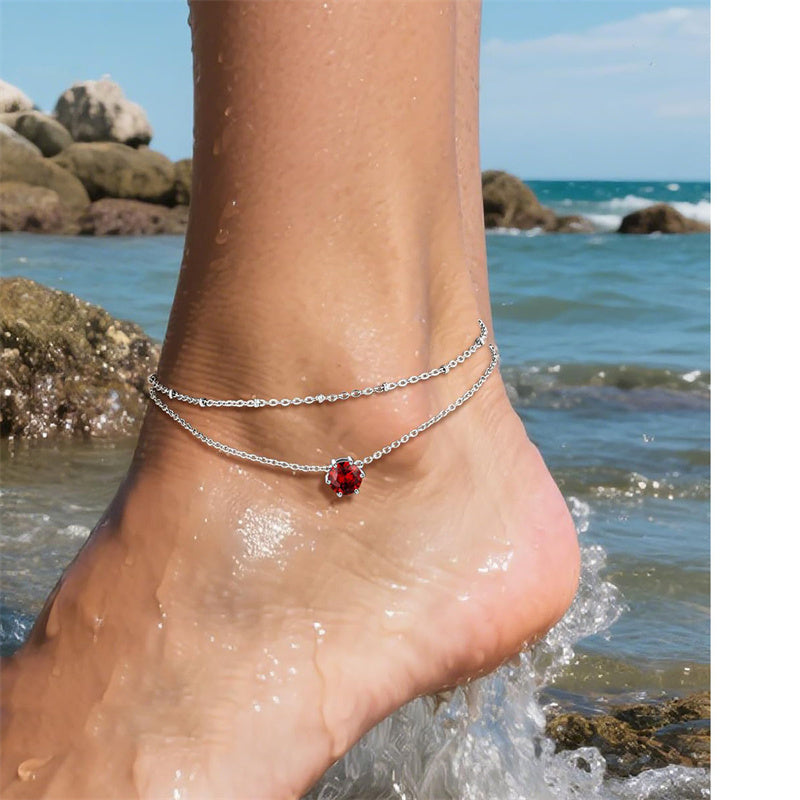 Sterling Silver  Round Birthstone Double Layer Charm Anklet