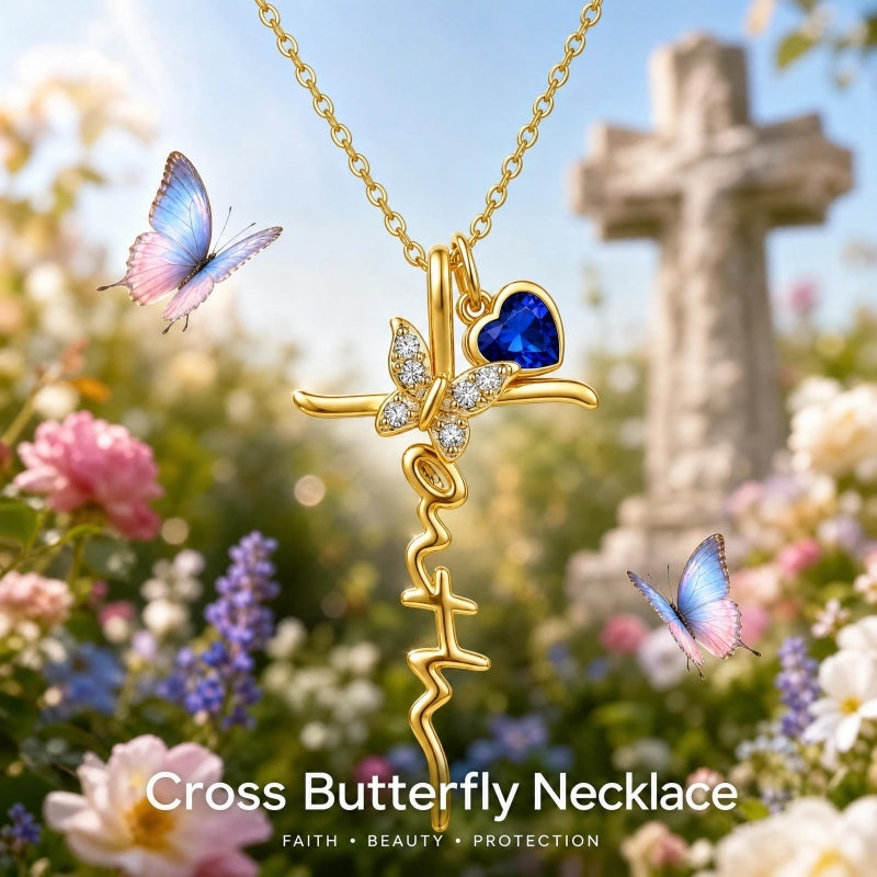 14K Gold Plated  Birthstone  Cross Butterfly Necklace for Women