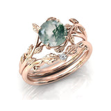 Natural Moss Agate/Blue Sandstone Ring 925 Sterling Silver Engagement Ring Set Promise Wedding Ring Gift for Women